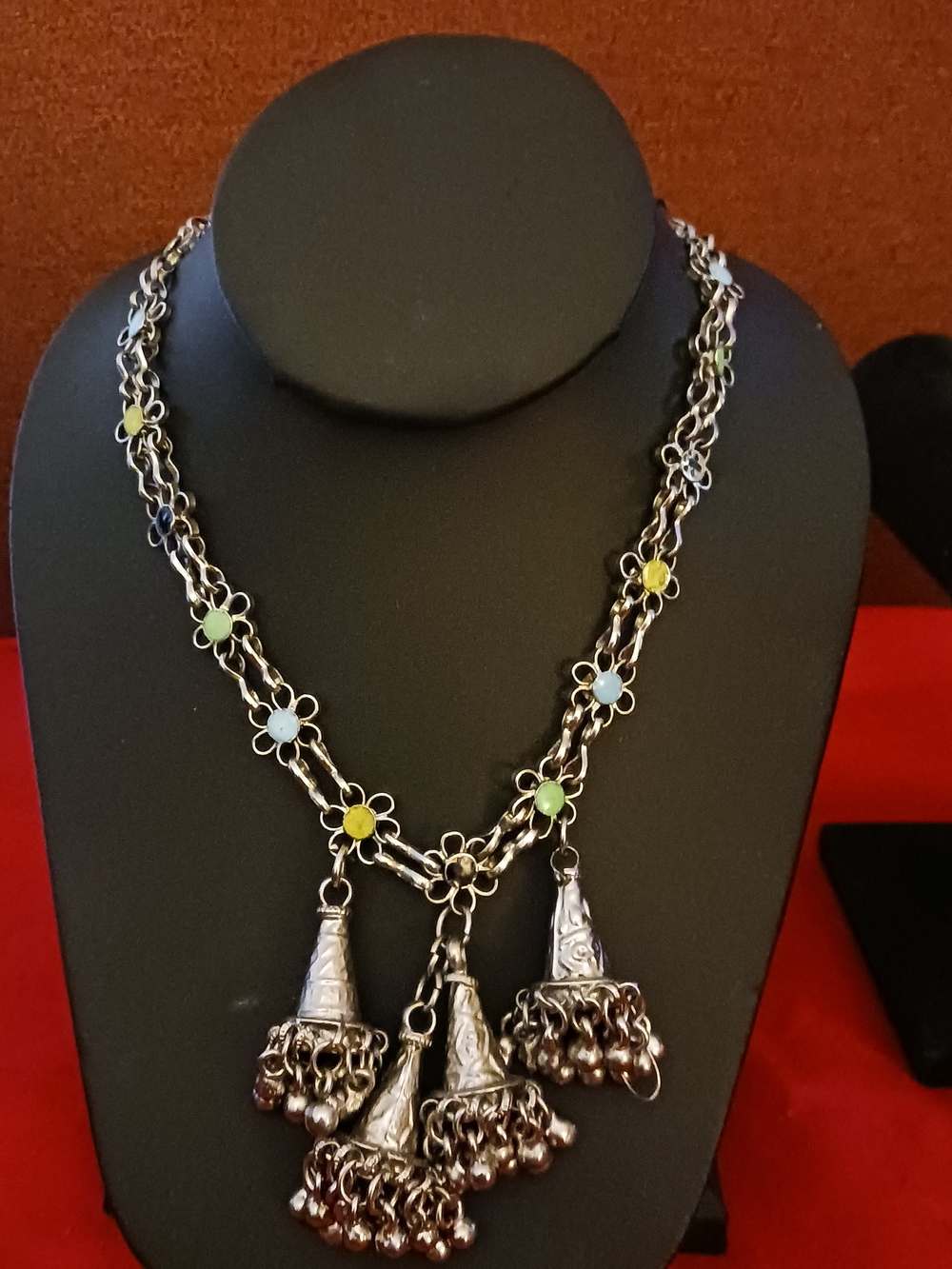 Silver-Tone Floral Chain Necklace with Multicolor Enamel Accents